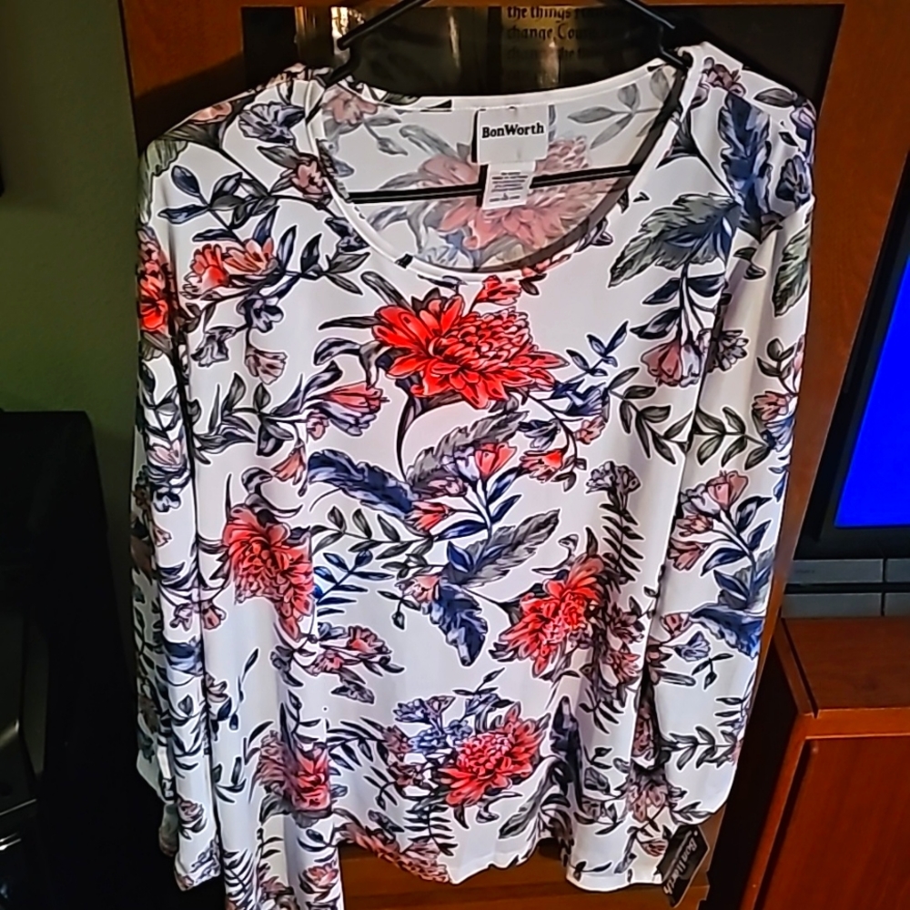Bon Worth Blouse, Long sleeve, Large, reds, blue, green, white,black